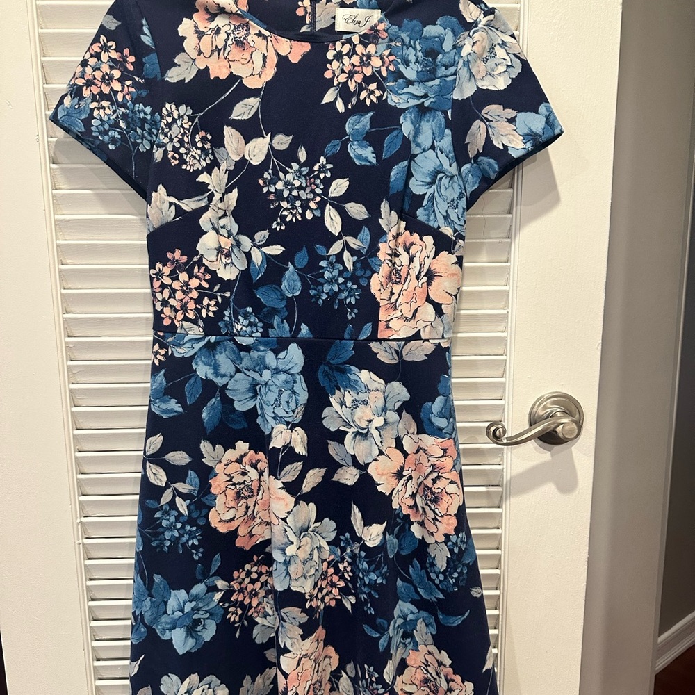 Eliza J Navy Fit-and-Flare Midi Dress with Blue and Blush Floral Print